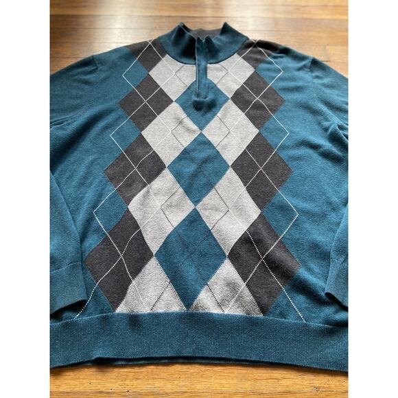 TASSO ELBA Blue 1/4 Zip Cotton Argyle Pullover Sweater sz Large - Picture 6 of 8